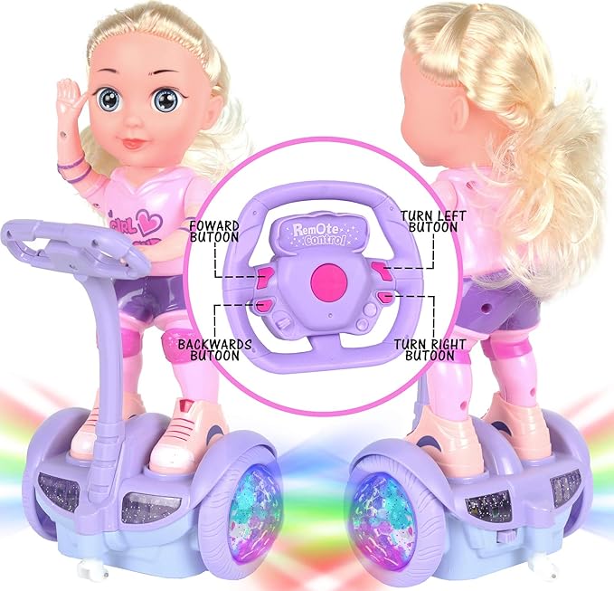 Doll Set with Remote Control Toy Electric Scooter for Kids 360° Rotation