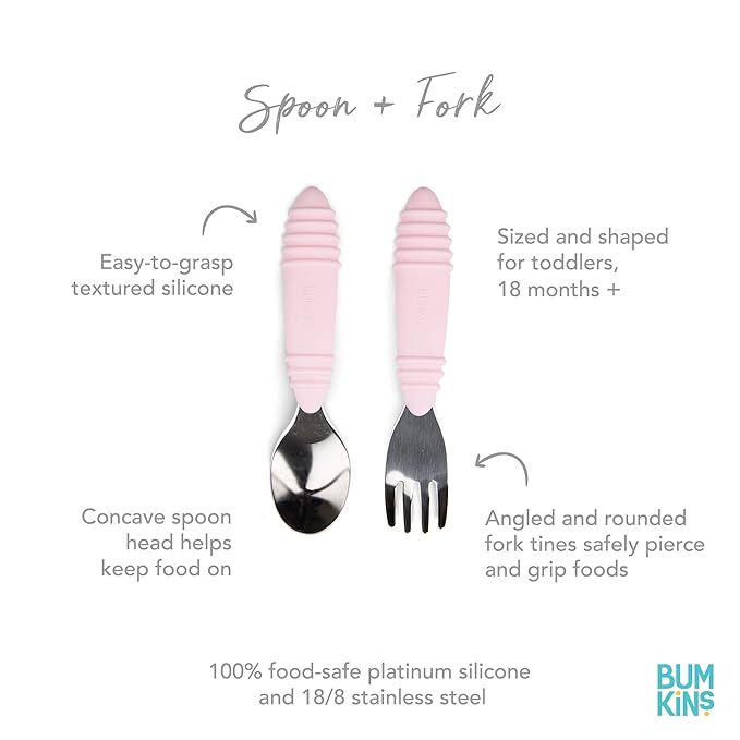 Bumkins Toddler Utensils, Kids Size Fork and Spoon Set, Silicone and Stainless-Steel Training Silverware, Angled Forks / Sporks for Self-Feeding, Children Hold Learning to Eat, 18 Months Up, Pink