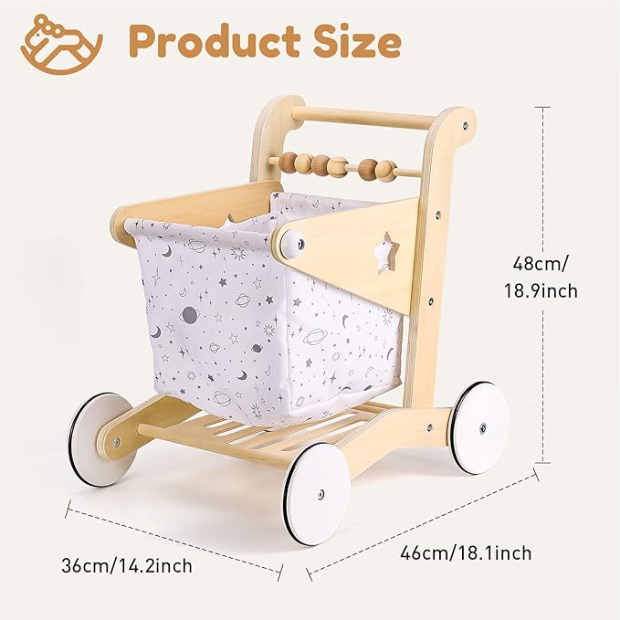 Wooden Baby Walker Doll Stroller | Adjustable Speed Shopping Cart for Toddlers 1-3