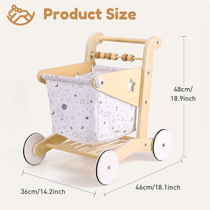 Wooden Baby Walker Doll Stroller | Adjustable Speed Shopping Cart for Toddlers 1-3