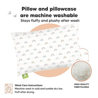 Toddler Pillow with Pillowcase - 13x18 My Little Dreamy Pillow, Organic Cotton Toddler Pillows for Sleeping, Kids Pillow, Travel Pillows,Mini Pillow,Nursery Pillow,Toddler Bed Pillow (Jolly Rainbow)