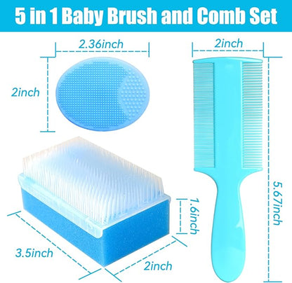 Cradle Cap Brush for Babies, 5Pcs Cradle Cap Treatment Set with Soft Bristle Brushes Silicone Scrubber Long Comb for Newborn Bathing Essentials Baby Brush and Comb Set (Blue)