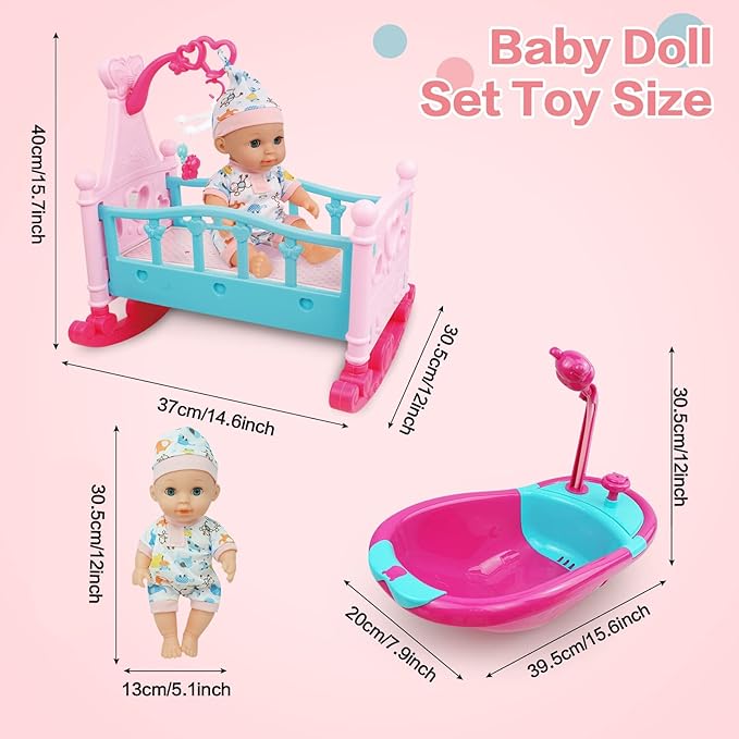 RedCrab 12" Baby Doll Toys Newborn Doll Bath and Bed 2-in-1 Shaker 25pcs Accessories 3+ Year