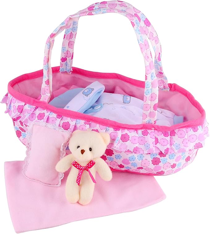 Baby Doll Cradle Bassinet Portable Doll Carrier Carry Bag,Soft Pillow Quilt Plush Bear Doll Clothes Outfit 8-9-10-11-12 Inch