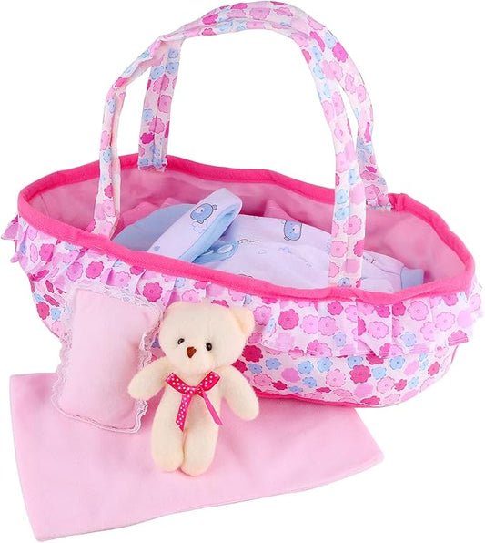 Baby Doll Cradle Bassinet Portable Doll Carrier Carry Bag,Soft Pillow Quilt Plush Bear Doll Clothes Outfit 8-9-10-11-12 Inch