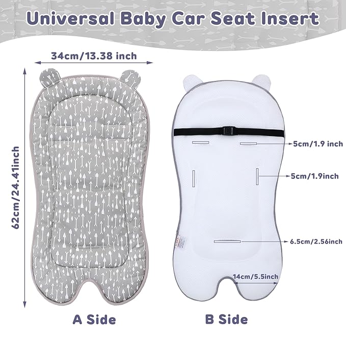 Miracle Baby Car Seat Insert Universal Breathable Baby Stroller Cushion Reversible 3D Air Mesh Cotton Stroller Mat for CarSeat, Buggy, Carrycot, High Chair (Grey Arrow)