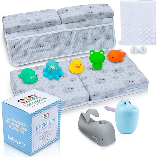 Includes All Shown Bath Kneeler & Elbow Rest Pad Set- 1.75" Thick Bathtub Kneeler Mat & Arm Rest with 4 Pockets for Bathing Baby, 5 Bath Toys