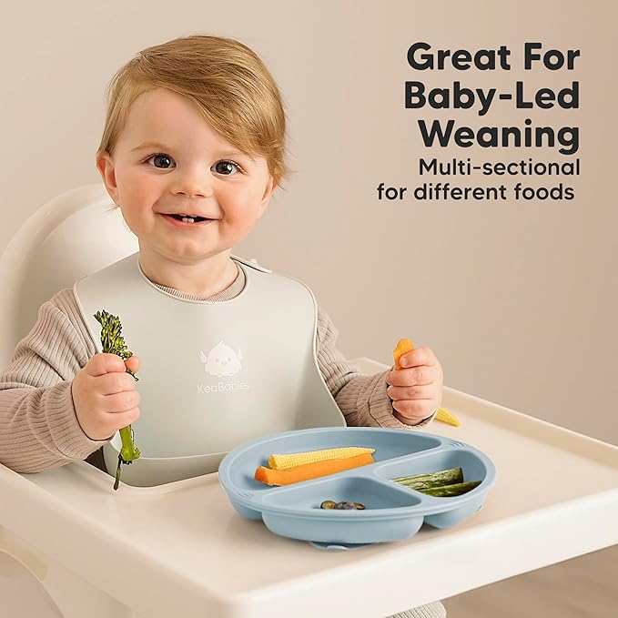 KeaBabies Suction Plates with Lids for Baby - 3-Pack 100% Silicone Suction Plates for Baby, Kids,Toddler Plates,Divided Baby Plates with Suction,Lids, BPA-Free, Microwave, Dishwasher Safe (Macaron)