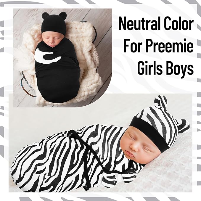 Buryeah 4 Pack Preemie Swaddle Blanket Wrap Set with Hat for Baby Boys Girls 3-7 Lbs Preemie Newborn Clothes Sleepers Cap