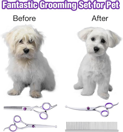 Professional Dog Grooming Scissors with Safety Round Tips, 5 in 1 Dog Grooming Scissors Kit, 4CR Stainless Steel Pet Grooming Shears for Dog, Cat,Sharp and Sturdy, Purple