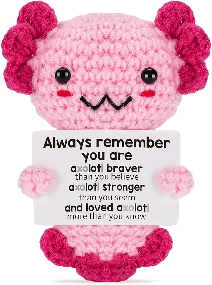 Positive Crochet Animal Axolotl, Handmade Emotional Supporting Plush Gifts for Women Girls Teens Friends, Birthday Christmas Stocking Stuffers Toy Gift Under 10 Dollars, Motivational Encouragement