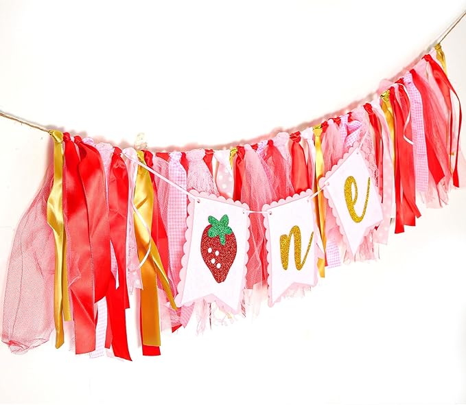Strawberry One Birthday High Chair Banner, Cute Strawberry First Birthday