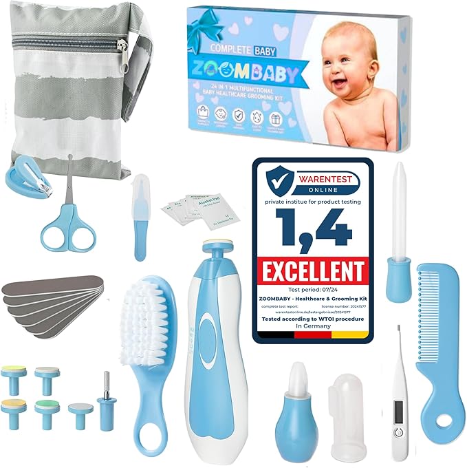 24 in 1 Baby Health Care and Grooming Kit - Newborn Essentials, Baby Must Haves for Boys & Girls, New Baby Gift Includes Electric Nail Trimmer Baby Nasal Aspirator (Blue)