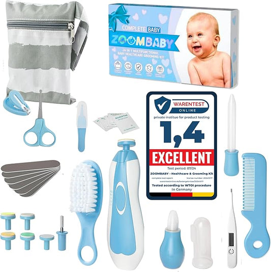 24 in 1 Baby Health Care and Grooming Kit - Newborn Essentials, Baby Must Haves for Boys & Girls, New Baby Gift Includes Electric Nail Trimmer Baby Nasal Aspirator (Blue)