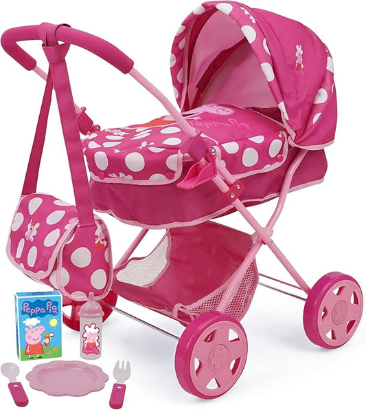 Peppa Pig: Baby Classic Doll Pram Set - Pink & White Dots 7 Piece 18", Retractable 5 Feeding 3+