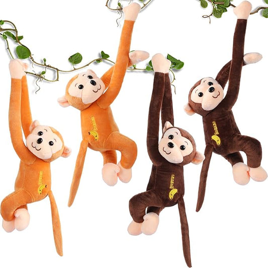 4-Pack 17.8" Hanging Stuffed Monkeys with Hook & Loop Fasteners - Plush Toy Gifts for Teens & Adults, Plush Stuffed Animal Toys Soft Monkey Doll Decoration (Brown