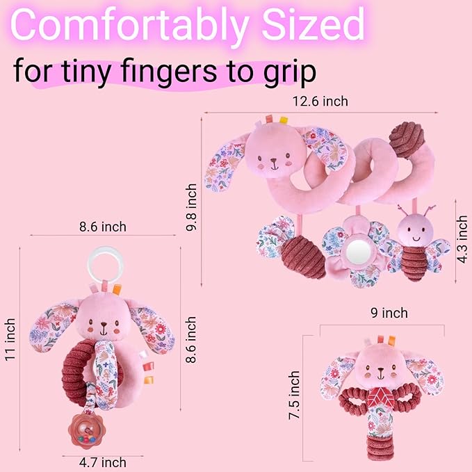 Baby Spiral Car Seat Toys for Babies 0-6 Months Girl Boy, Stroller Hanging Rattles, Infant Stuffed Animals Carseat Activity Toy 3-6-12 Months, Newborn Shower Gifts Mirror, Crinkle, Bunny 3PCS