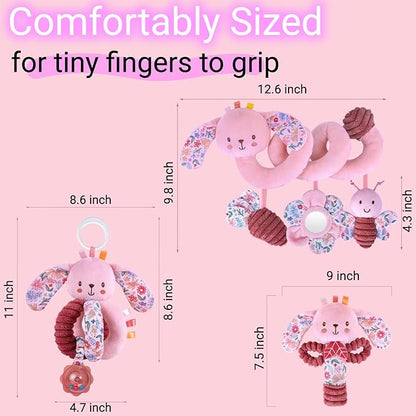 Baby Spiral Car Seat Toys for Babies 0-6 Months Girl Boy, Stroller Hanging Rattles, Infant Stuffed Animals Carseat Activity Toy 3-6-12 Months, Newborn Shower Gifts Mirror, Crinkle, Bunny 3PCS
