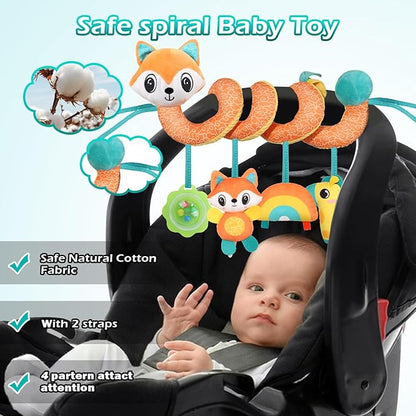 Spiral Car Seat Toys Stroller Toy for Babies - Baby Crib Hanging Rattles Toys for Babies 0-12 Months, Carseat Pram Crib with Musical Rattle Toy for Newborn Boys Girls Gifts （Fox）