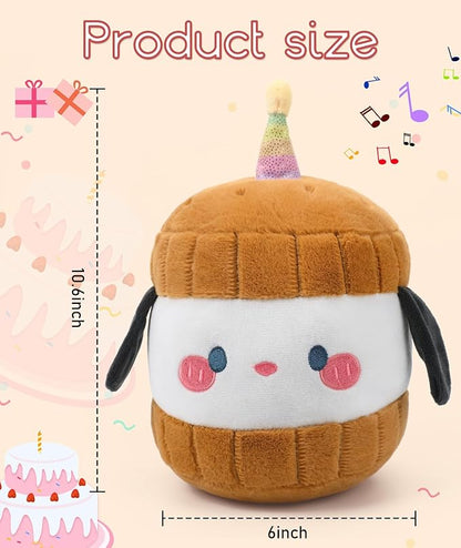 Dog Plush Birthday Stuffed Animal - Birthday Cake Stuffed Doll, Cute Sandwich Dog with Glowing Candle, Party Decorations, Kids' Gifts, 11 Inch
