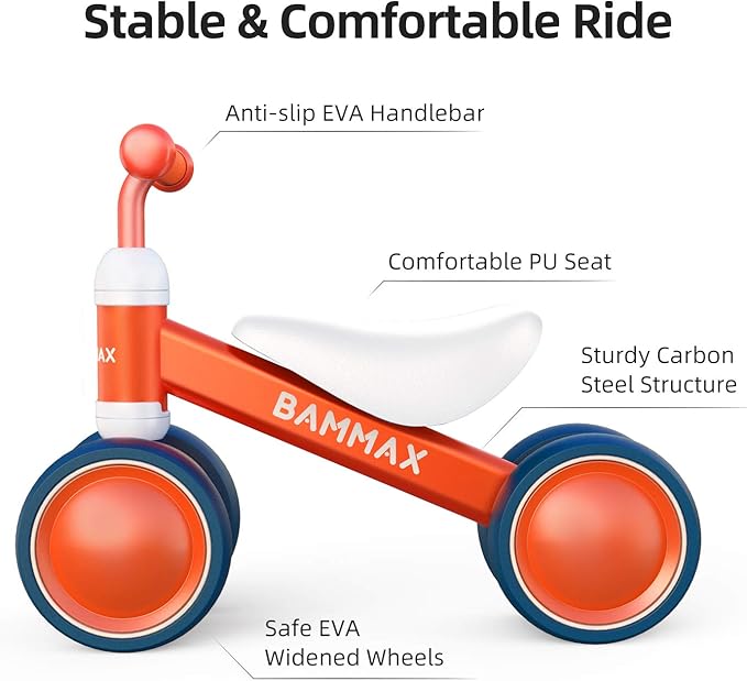 BAMMAX Baby Balance Bike for 1 Year Old Toddler, Riding Toys for 9-24 Months Boys Girls 4 Wheels