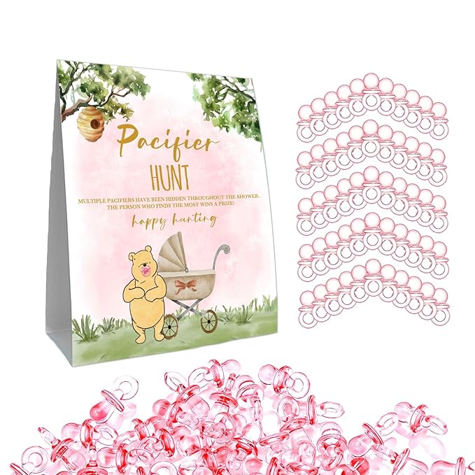 Winnie Pacifier Hunt Sign, Mini Pacifiers Baby Shower Game Set 50Pcs Classic 8 * 10IN