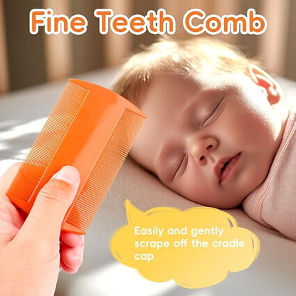 Cradle Cap Brush for Babies, Baby Bath Essentials with Silicone Scrubber Bath Sponge Dual-Sided Comb for Newborns Toddlers Boys Girls (Orange, Set of 5)