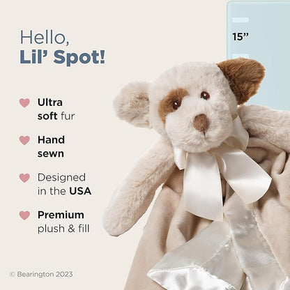 Bearington Baby Lil’ Spot Snuggler, 15 Inch Puppy Dog Plush Stuffed Animal Security Blanket Lovey for Babies