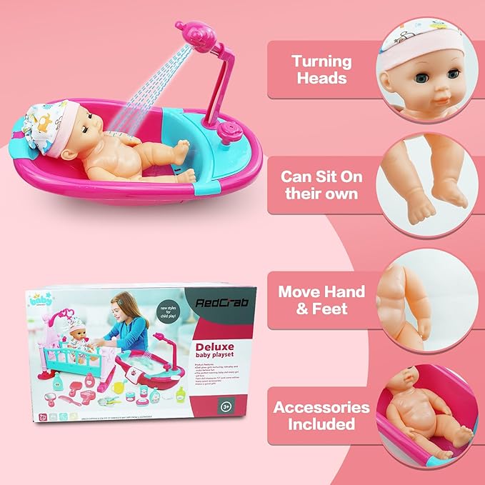 RedCrab 12" Baby Doll Toys Newborn Doll Bath and Bed 2-in-1 Shaker 25pcs Accessories 3+ Year
