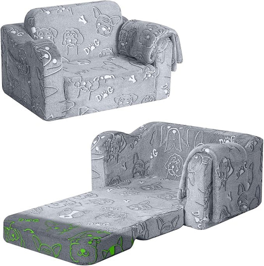 MeMoreCool Toddler Fold-Out Chair for Girls and Boys, Glow-in-The-Dark Soft Plush Kids Recliner, Convertible Folding Baby Couch for Playroom (Glowing Dogs)