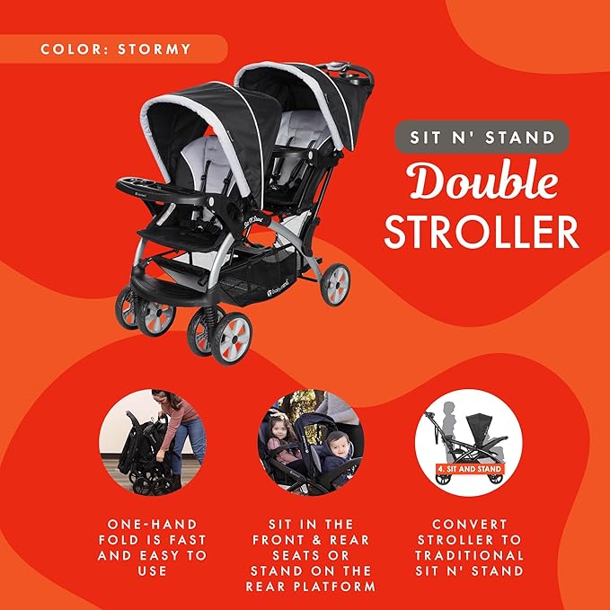 Baby Trend Double Infant and Toddler Stroller w/ Harness and Basket, Sit N' Stand, Stormy