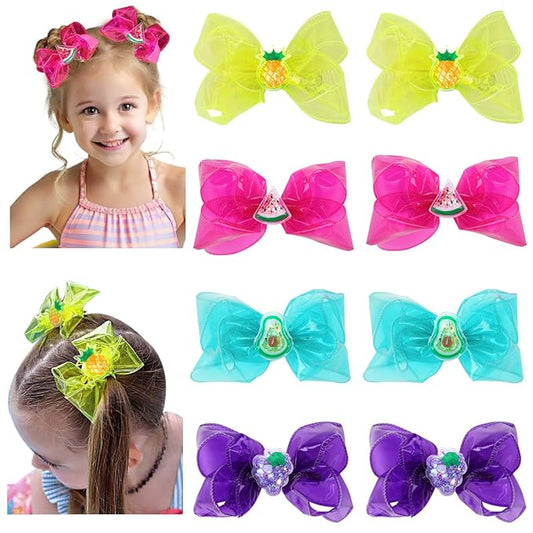 Waterproof Jelly Hair Bows, Multi-colored PVC Summer Swim Pool Bow Clips Transparent Hair Accessories for Girls Toddler Infants Kids Teens Children (Fruit Jelly Bow 4inch)