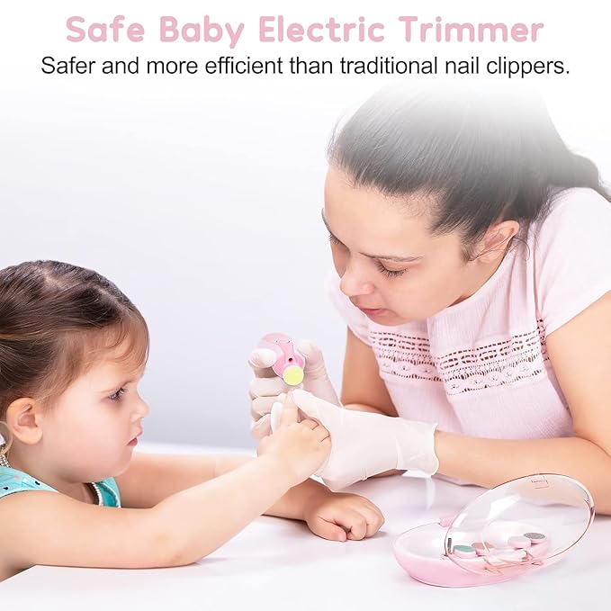 Baby Nail Trimmer File with Light - Safe Electric Nail Clippers Kit for Newborn Infant Toddler Kids Toes and Fingernails - Care, Polish and Trim - Battery Operated (AA), Pink