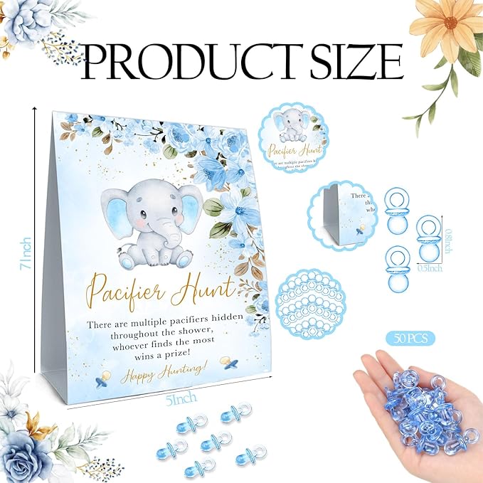 Pacifiers Hunt for Baby Shower Game, Mini Pacifiers Baby Shower Games Set 50 Blue