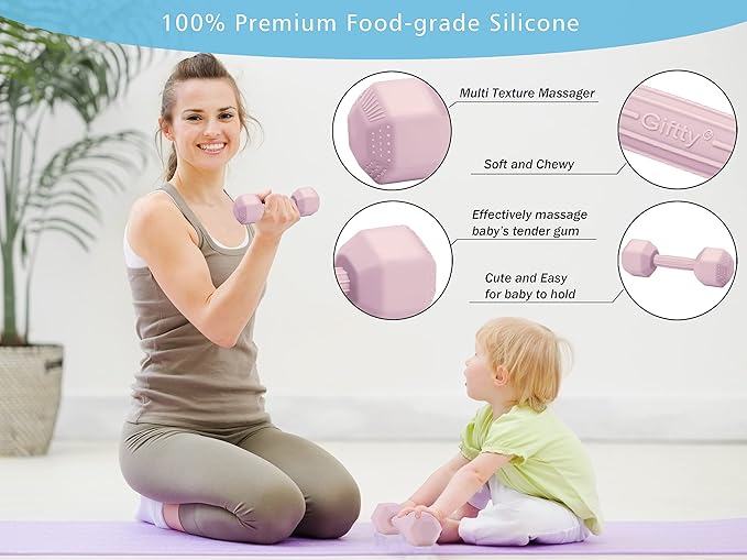 Giftty Baby Dumbbell Infant Rattle Silicone Teething Toy Teether Infants Toddler Sensory Toy Exercises Weight - Made of 100% Food-Grade Silicone, Safe for Baby Boys and Girls (1pcs 4.8oz