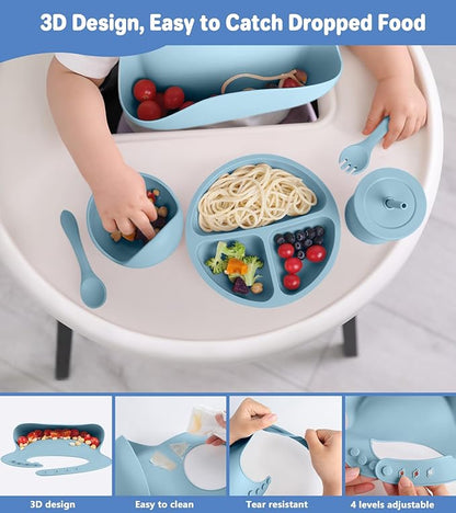 Silicone Baby Feeding Set, 10 Pcs Baby Led Weaning Supplies with Suction Bowl Divided Plate Adjustable Bib Soft Spoon Fork Snack Cup with Lid Drinking Cup, Utensil (Blue)
