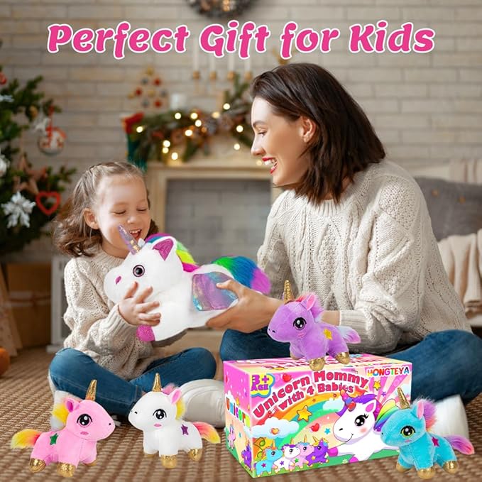 HONGTEYA Unicorn Stuffed Animals Toys, Unicorn Mommy Stuffed Animal with 4 Baby Unicorns in Her Tummy 3 4 5 6 7 8