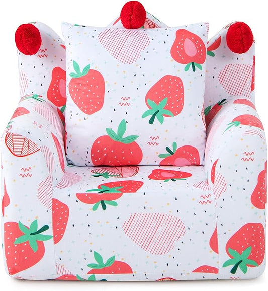 Costzon Kids Couch, Foam Filled Children's Sofa Armchair w/Padded Pillow, Washable Velvet Cover & Soft Sponge Filling, Upholstered Sofa Chair Gift for Preschool, Playroom, Toddler Couch (Strawberry)