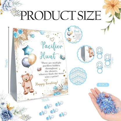 Winnie Pacifier Hunt Sign, Mini Pacifiers Baby Shower Game Set 50Pcs Blue