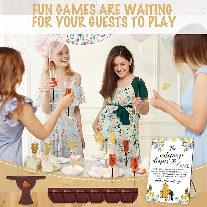 Azbuk Winnie Baby Shower Games Set - Wooden Baby Shower Sign with 50 Pcs Mini Felt Diapers Brown, Winnie The Cutepoop Diaper Baby Shower Game