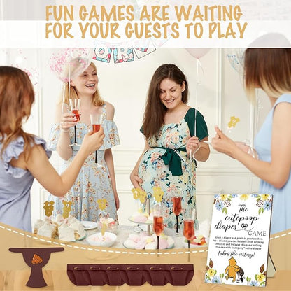 Azbuk Winnie Baby Shower Games Set - Wooden Baby Shower Sign with 50 Pcs Mini Felt Diapers Brown, Winnie The Cutepoop Diaper Baby Shower Game