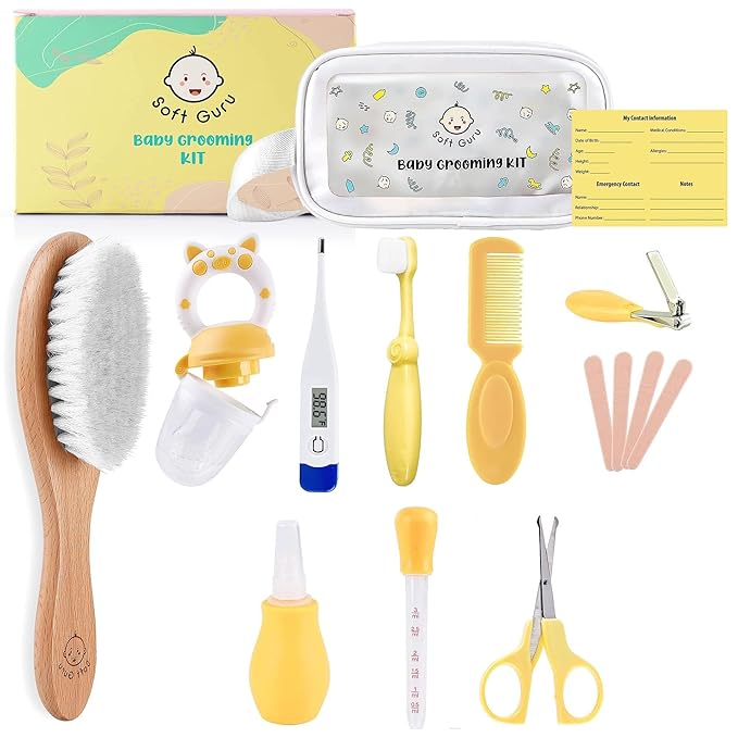 Baby Healthcare and Personal Care Kit | Nursery Essentials for Newborns Gift Set | Includes Thermometer, Nail Clippers, Soft Brush & Baby Shower Basket Registry Items.