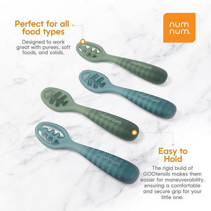 NumNum Baby Spoons Set, Pre-Spoon GOOtensils for Kids Aged 12+ Months - First Stage, Baby Led Weaning (BLW) Spoon - Self Feeding, Silicone Toddler Food Utensils - 1-Pack, 4 Spoons, Blue/Green