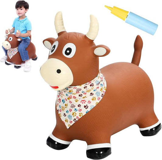 INPANY Bouncy Bull Farm Animal Hopping Toys for 1 2 Year Old Boy Gifts, Ride on Toddler Brown Cow Hopper 3 4