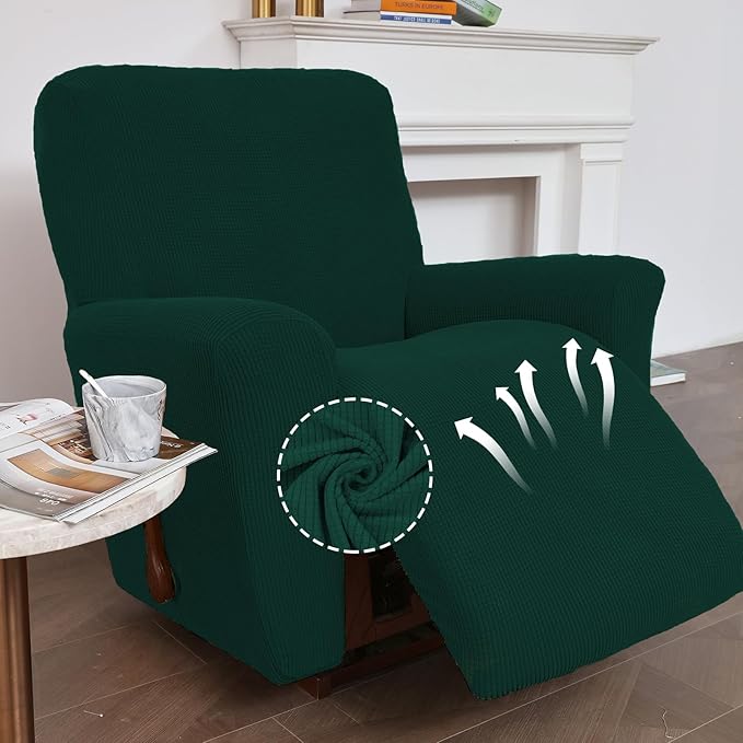 KEKUOU Recliner Chair Covers,Lazy Boy Recliner Covers Stretch Couch Cover Slipcovers 1 Piece Furniture Protector with Elastic Bottom for Dog,Kids.(Recliner, Dark Green)