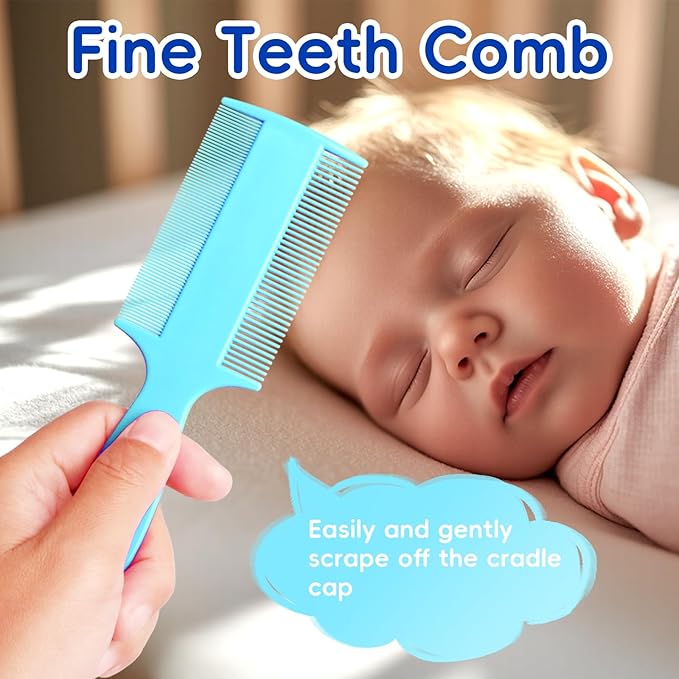 Cradle Cap Brush for Babies, Set of 5 Baby Bath Essentials with Bath Sponge Silicone Scrubber Long Handle Comb for Newborns Toddlers Boys Girls (Blue)