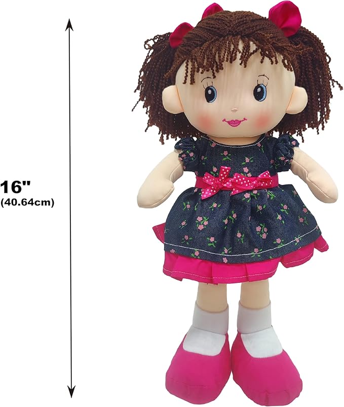 Linzy Plush 16" Libby Soft Plush Rag Doll with Navy Blue Dress and Printed Magenta Roses, Rag Doll for Girls (93864-2),L-93864-2