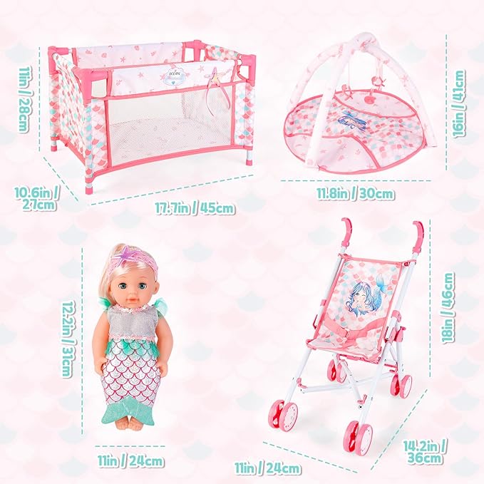 deAO Baby Doll Stroller Crib Bed Nursery Role Play Set Baby Doll Accessories and Play Mat,Travel Cot