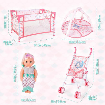 deAO Baby Doll Stroller Crib Bed Nursery Role Play Set Baby Doll Accessories and Play Mat,Travel Cot