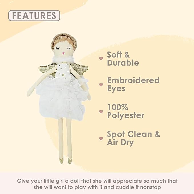 MON AMI Adele Small White Angel Stuffed Doll – 15”, Soft & Cuddly Plush Doll